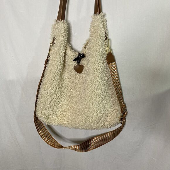 Plushy Leather Womens Hobo Bag Sherpa Cream Brown Gold Accents Made in Italy - Picture 13 of 16